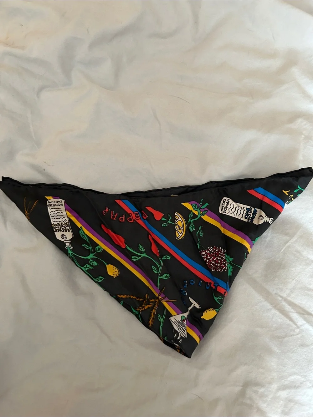 Nicole Miller vintage 1991 Black Silk Scarf with Multicolor Absolut Vodka design
